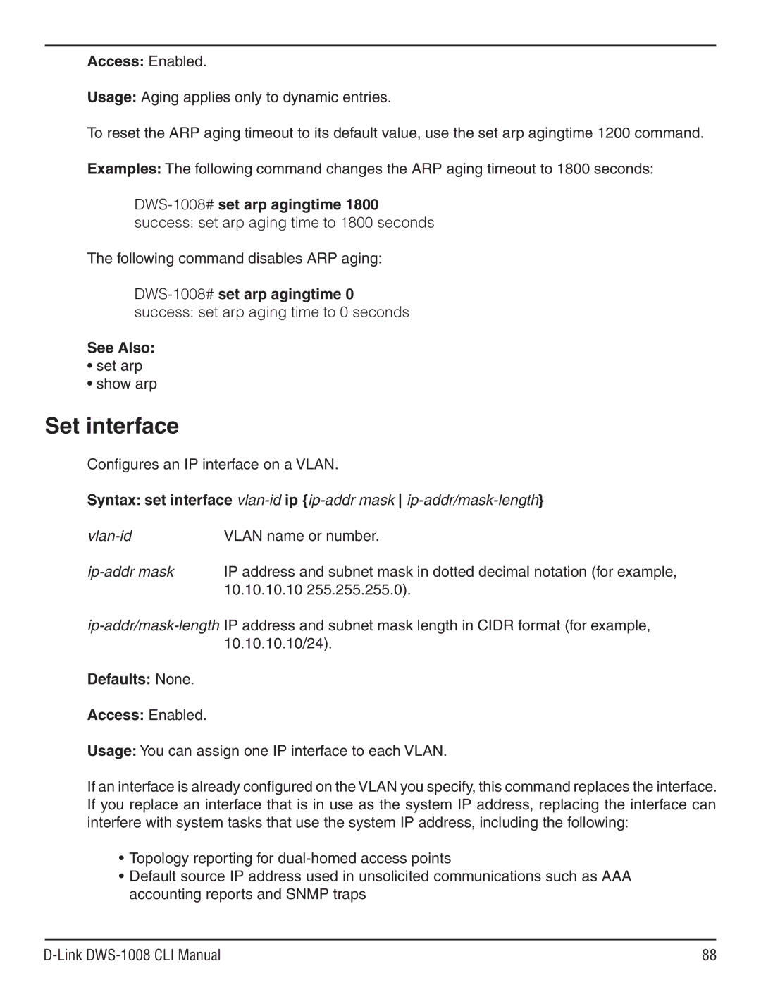 D-Link dws-1008 manual Set interface, Set arp Show arp, Configures an IP interface on a Vlan 