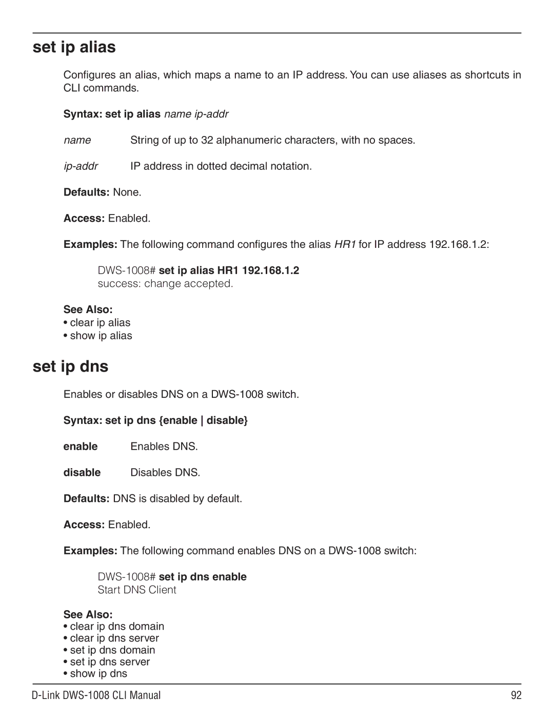 D-Link dws-1008 manual Set ip alias, Set ip dns 