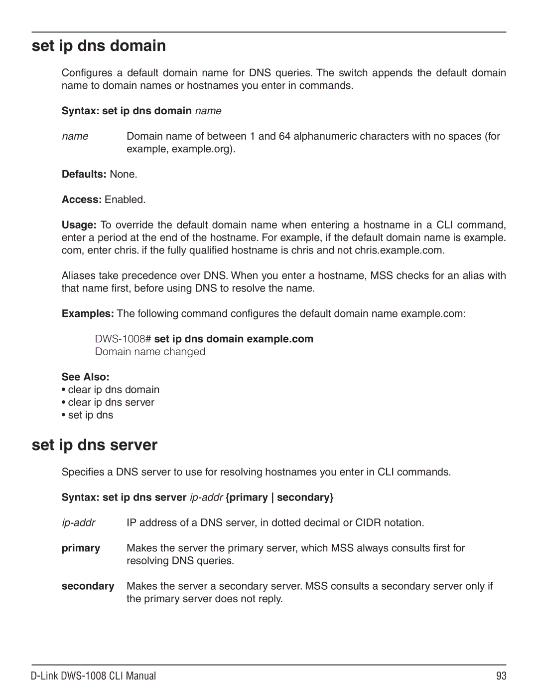 D-Link dws-1008 manual Set ip dns domain, Set ip dns server, Syntax set ip dns domain name 