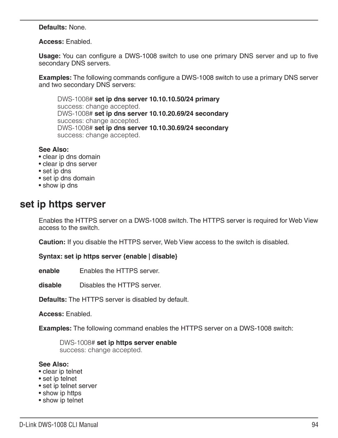 D-Link dws-1008 manual Set ip https server, Syntax set ip https server enable disable 