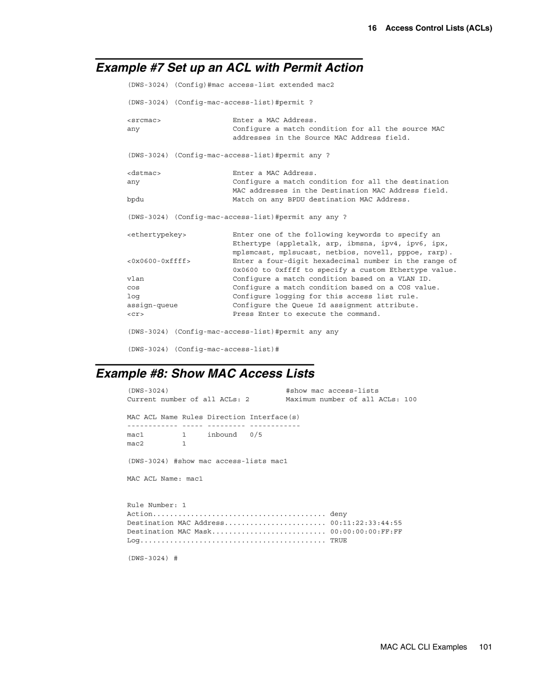 D-Link DWS-3000 manual Example #7 Set up an ACL with Permit Action, Example #8 Show MAC Access Lists 