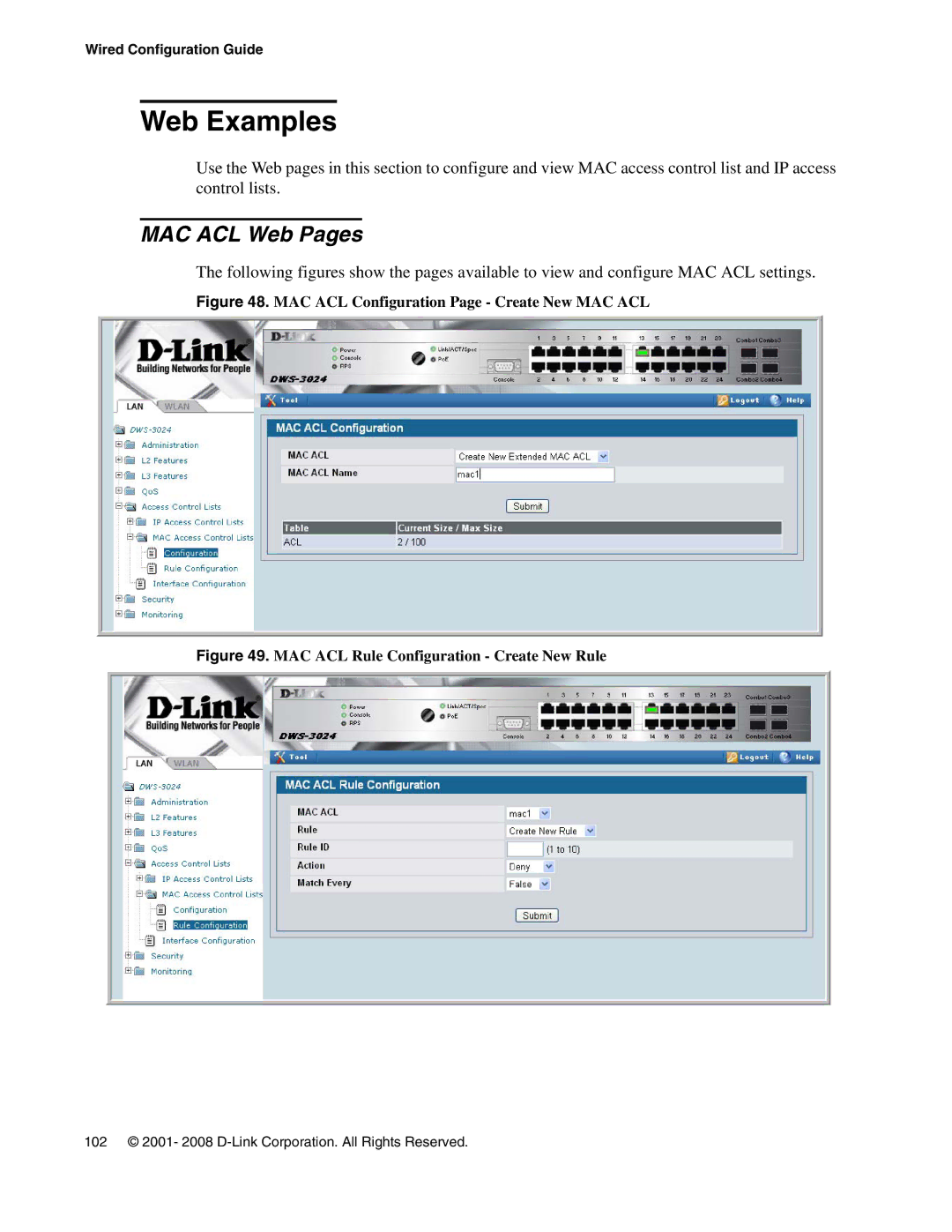 D-Link DWS-3000 manual MAC ACL Web Pages, MAC ACL Configuration Page Create New MAC ACL 