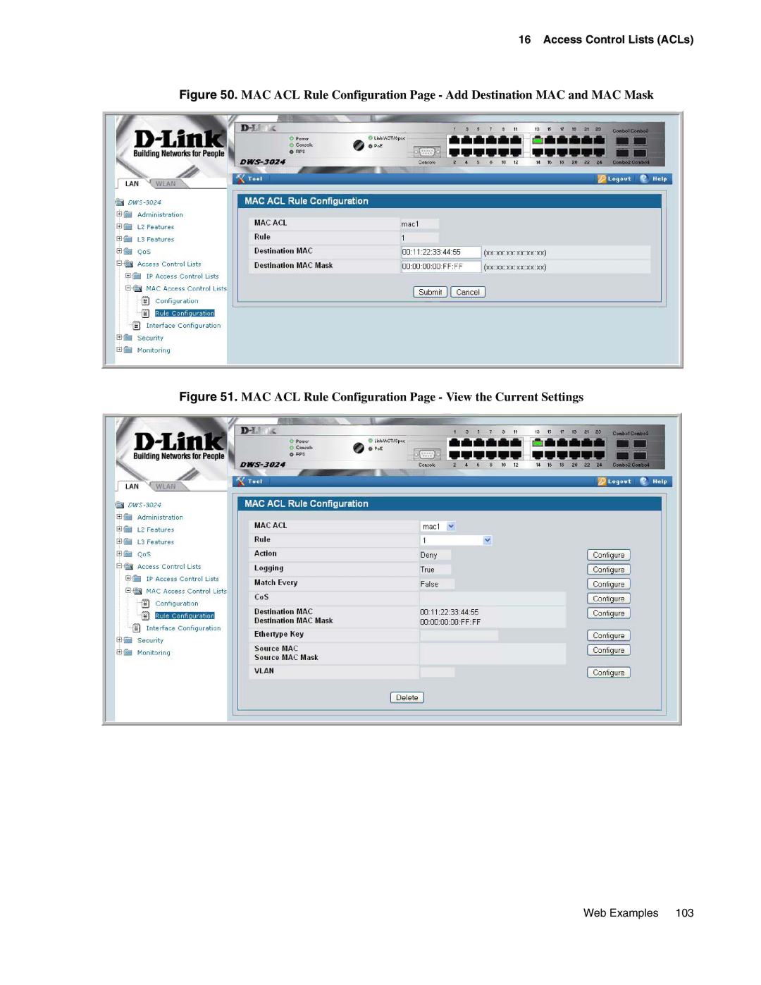 D-Link DWS-3000 manual MAC ACL Rule Configuration Page View the Current Settings 