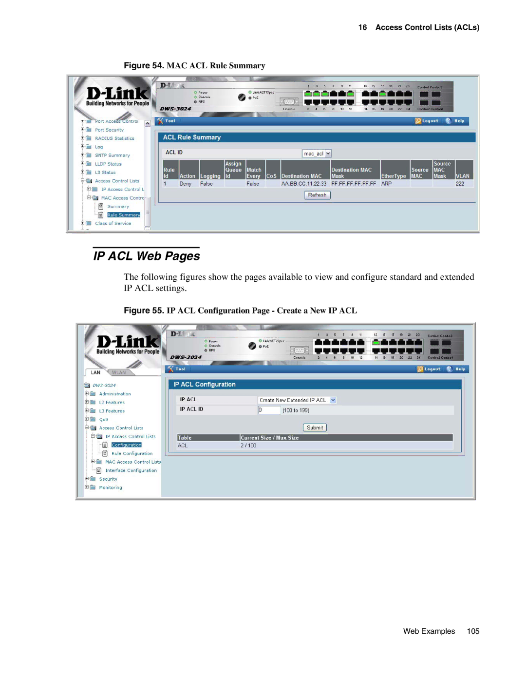 D-Link DWS-3000 manual IP ACL Web Pages, MAC ACL Rule Summary 