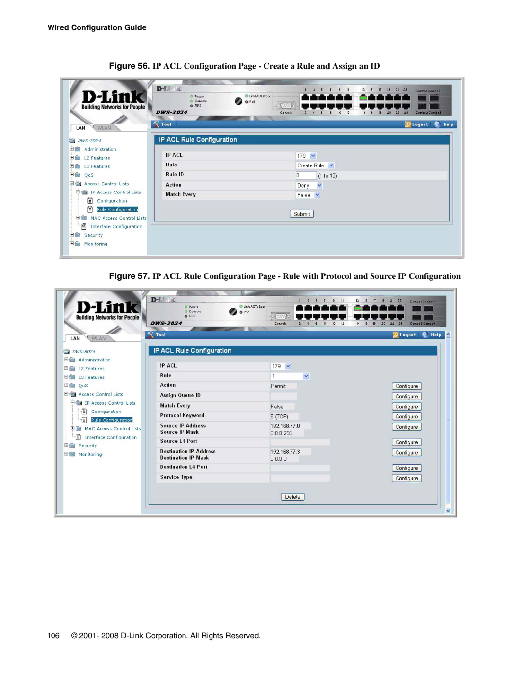 D-Link DWS-3000 manual IP ACL Configuration Page Create a Rule and Assign an ID 