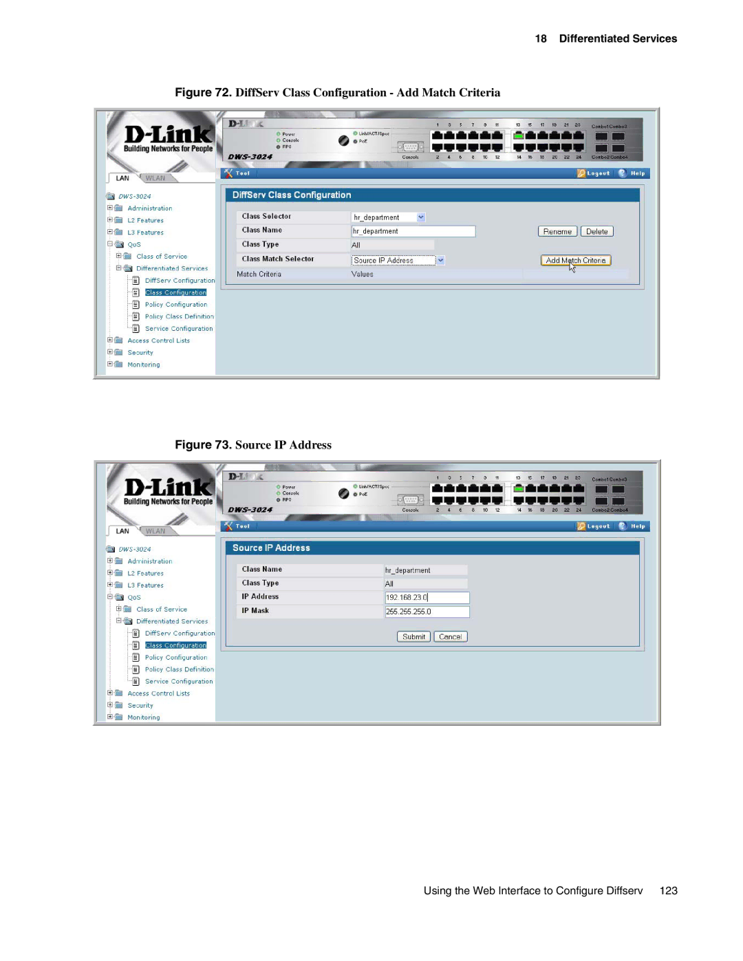 D-Link DWS-3000 manual DiffServ Class Configuration Add Match Criteria 