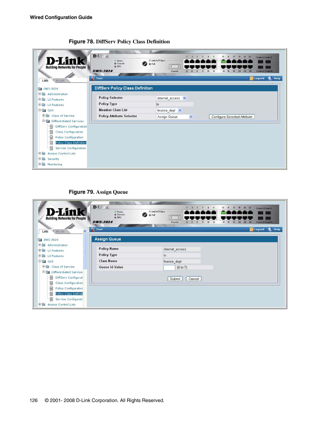 D-Link DWS-3000 manual DiffServ Policy Class Definition 