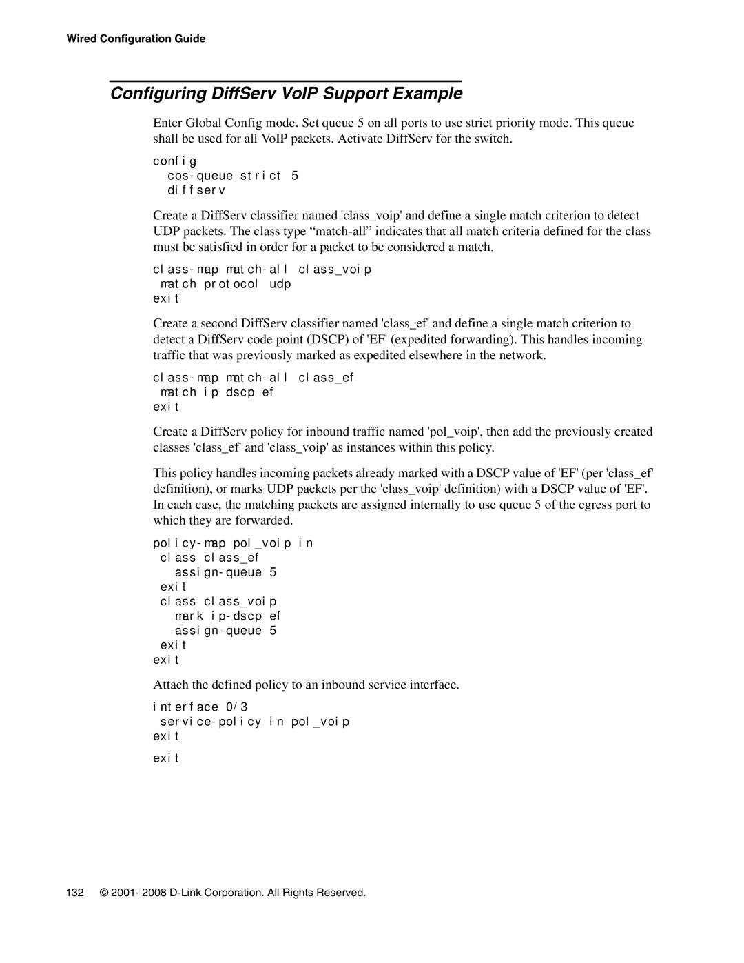 D-Link DWS-3000 manual Configuring DiffServ VoIP Support Example, Attach the defined policy to an inbound service interface 