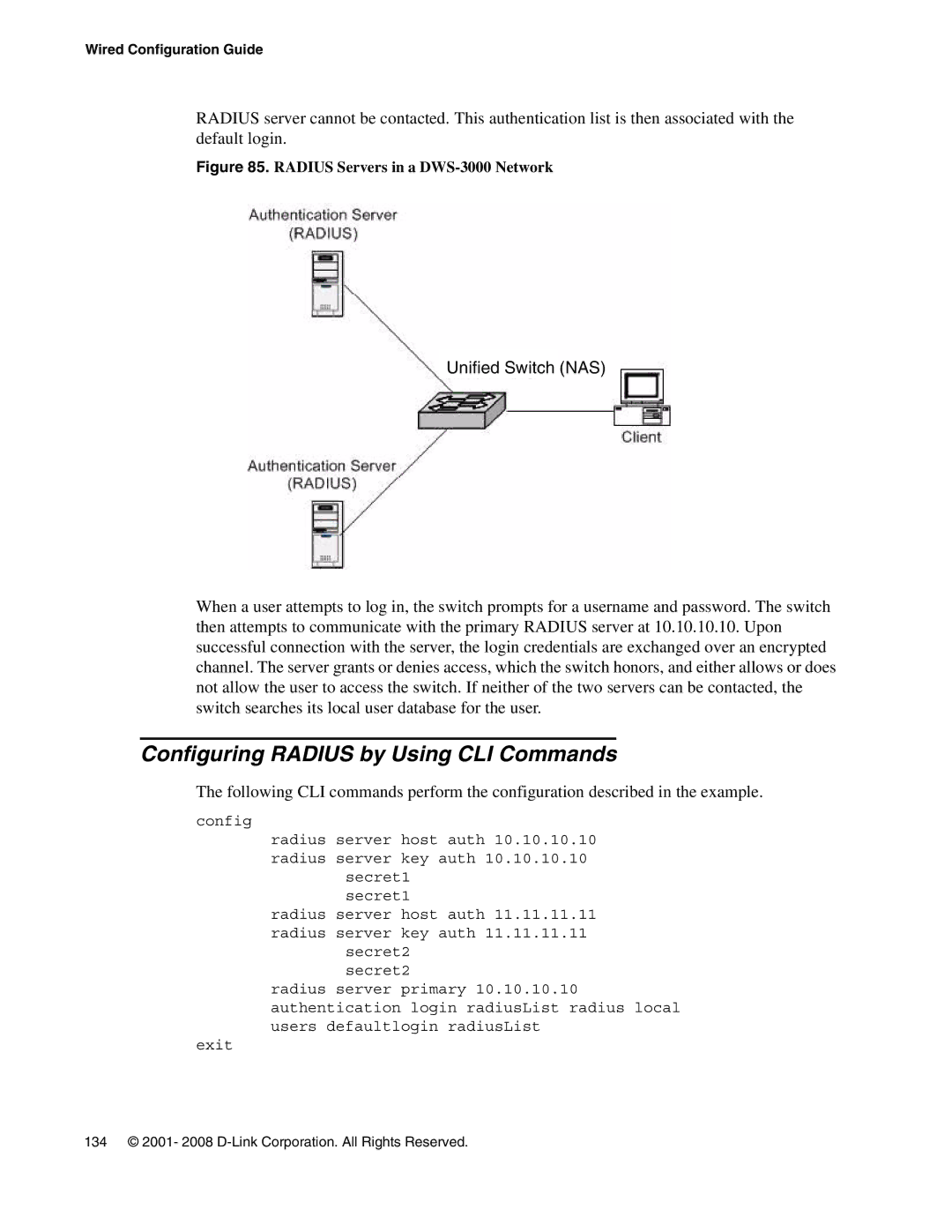 D-Link DWS-3000 manual Configuring Radius by Using CLI Commands, Unified Switch NAS 