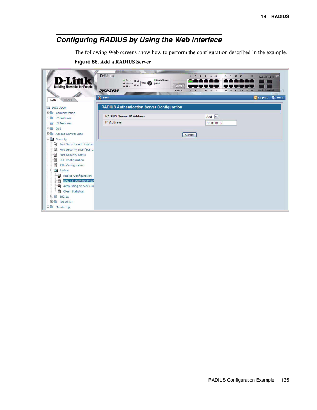 D-Link DWS-3000 manual Configuring Radius by Using the Web Interface, Add a Radius Server 