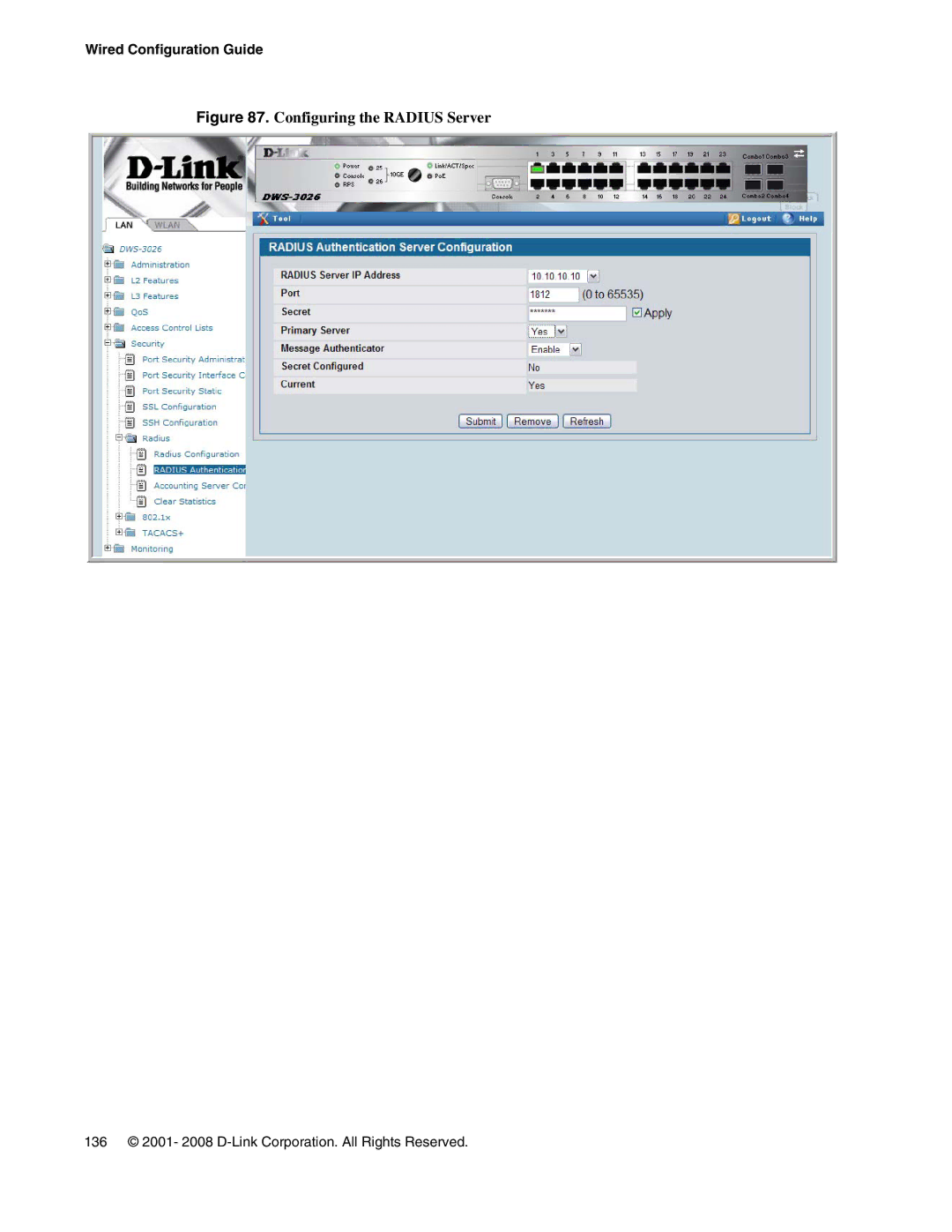 D-Link DWS-3000 manual Configuring the Radius Server 