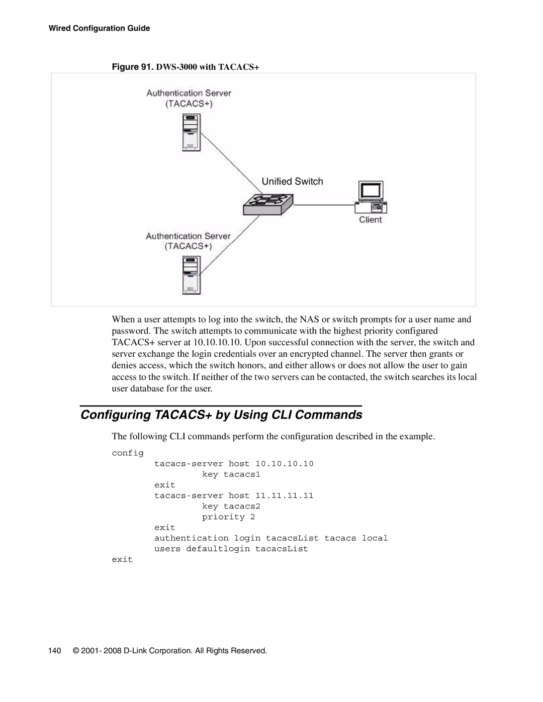 D-Link DWS-3000 manual Configuring TACACS+ by Using CLI Commands, Unified Switch 