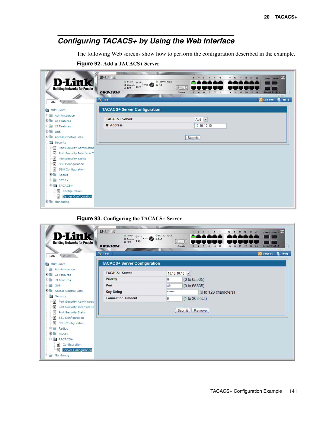 D-Link DWS-3000 manual Configuring TACACS+ by Using the Web Interface, Add a TACACS+ Server 