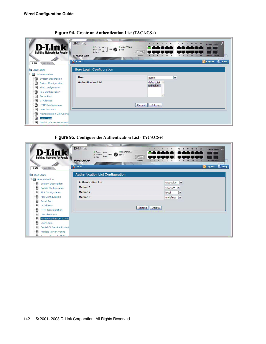 D-Link DWS-3000 manual Create an Authentication List TACACS+ 