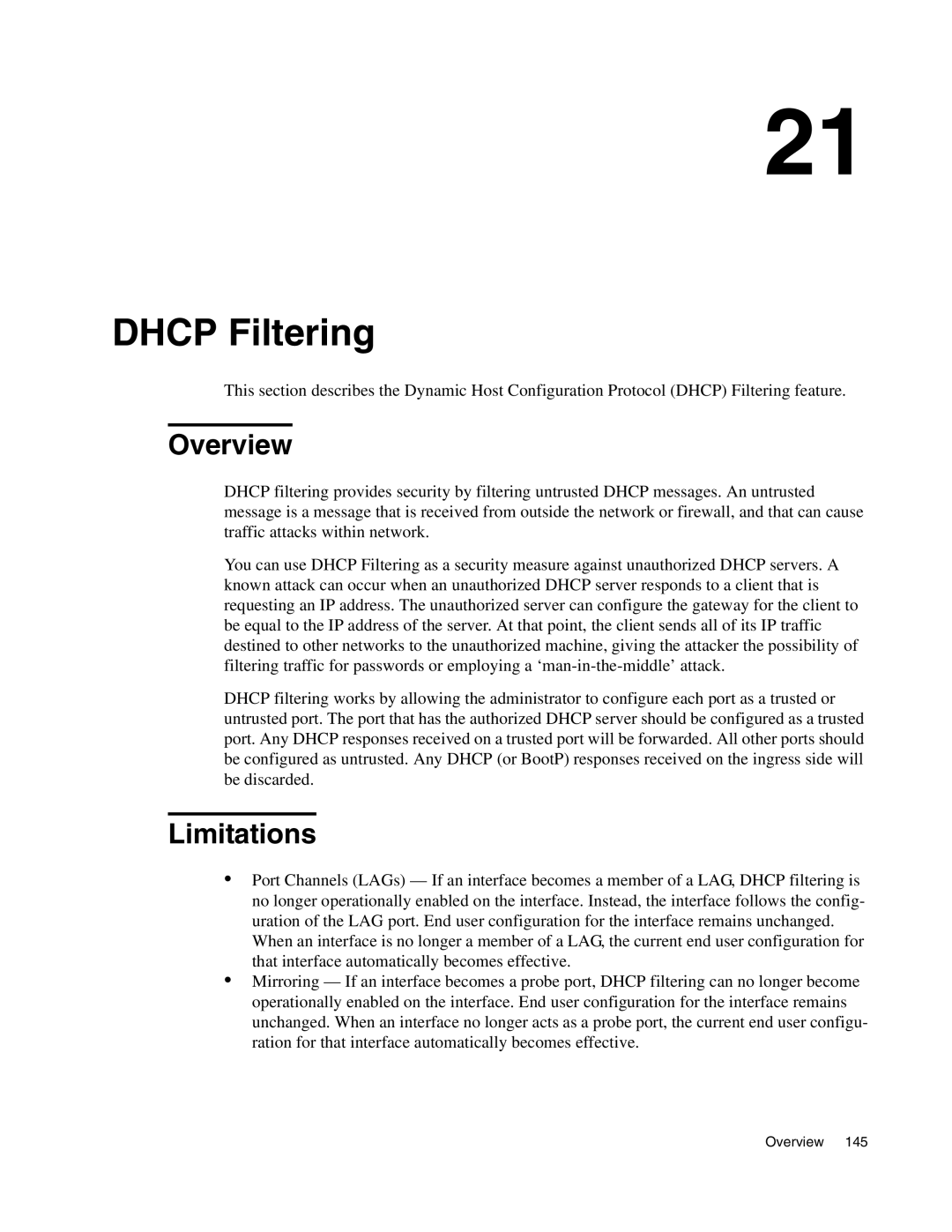 D-Link DWS-3000 manual Dhcp Filtering, Limitations 