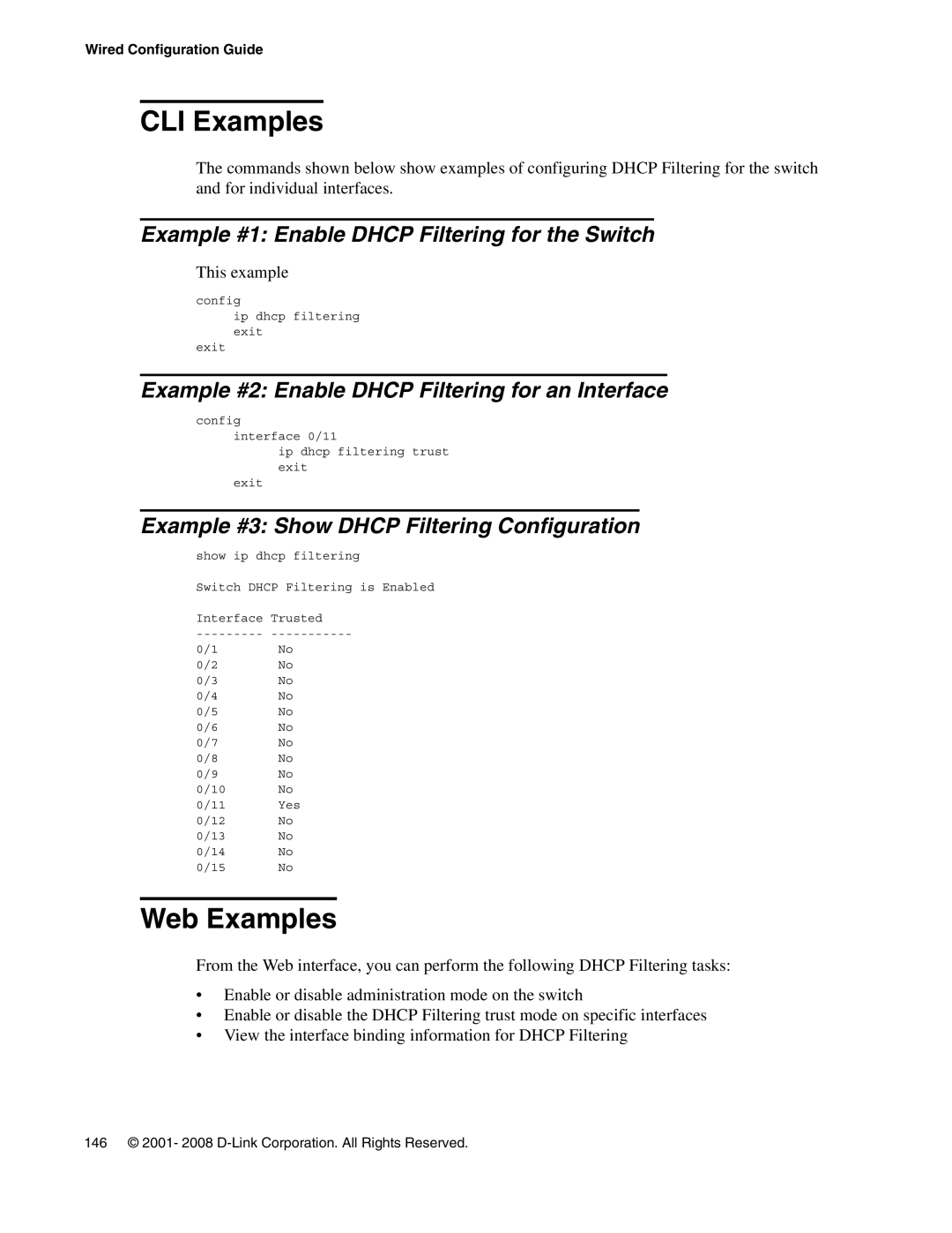 D-Link DWS-3000 manual Example #1 Enable Dhcp Filtering for the Switch, Example #2 Enable Dhcp Filtering for an Interface 