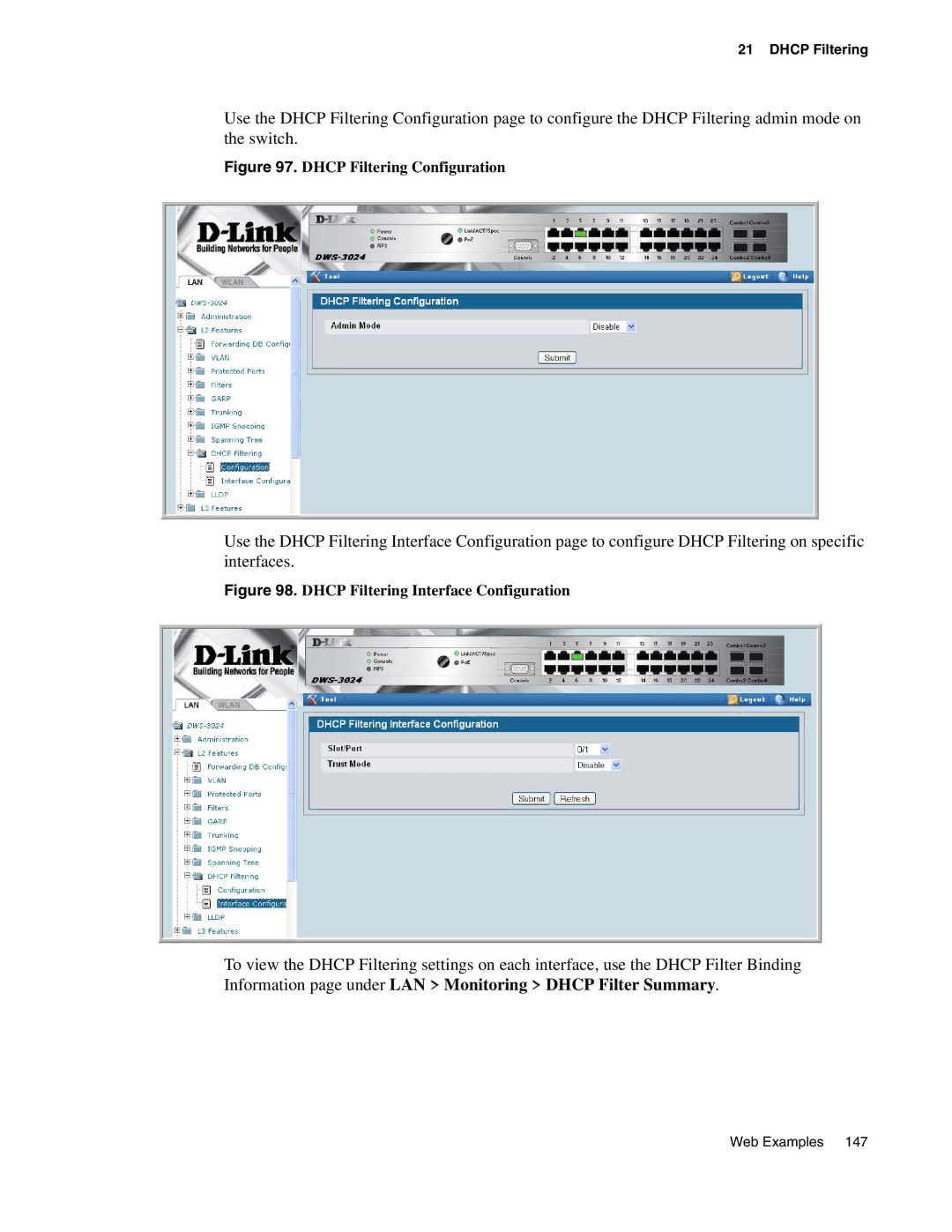 D-Link DWS-3000 manual Dhcp Filtering Configuration 