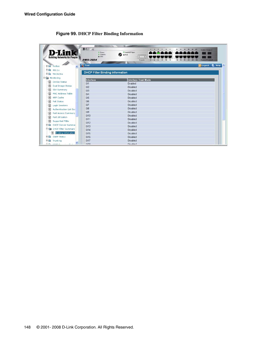 D-Link DWS-3000 manual Dhcp Filter Binding Information 