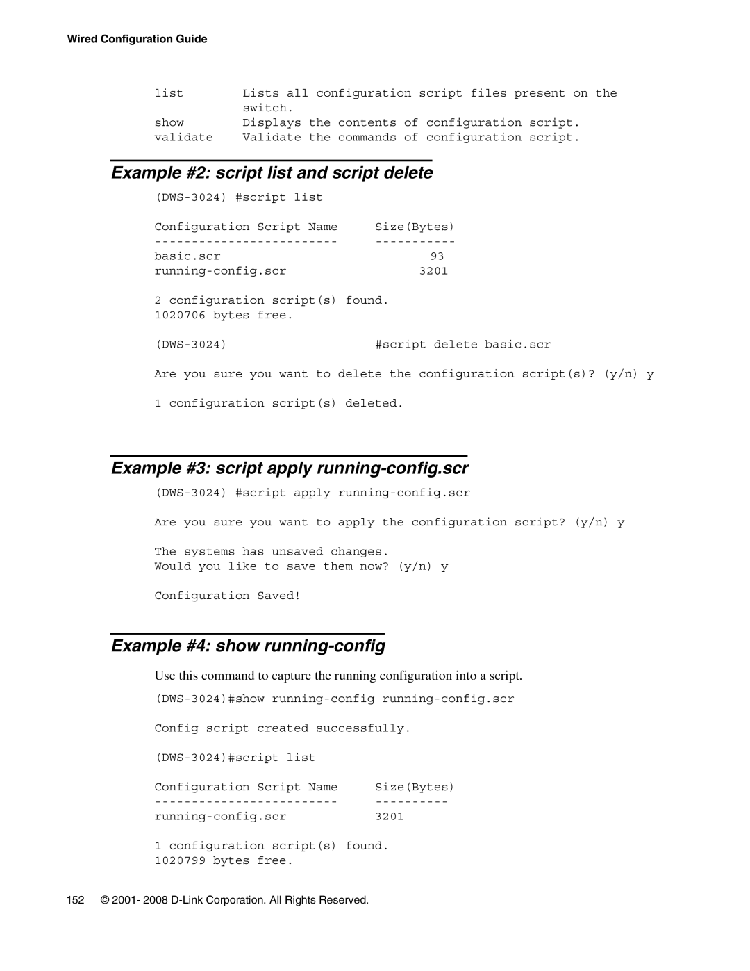 D-Link DWS-3000 manual Example #2 script list and script delete, Example #3 script apply running-config.scr 