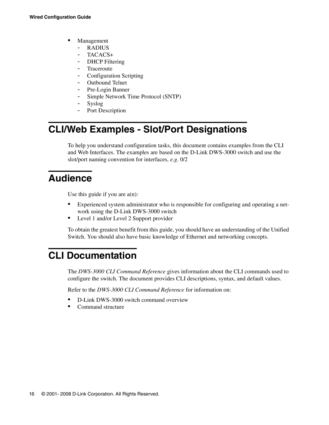 D-Link DWS-3000 manual CLI/Web Examples Slot/Port Designations, Audience, CLI Documentation 