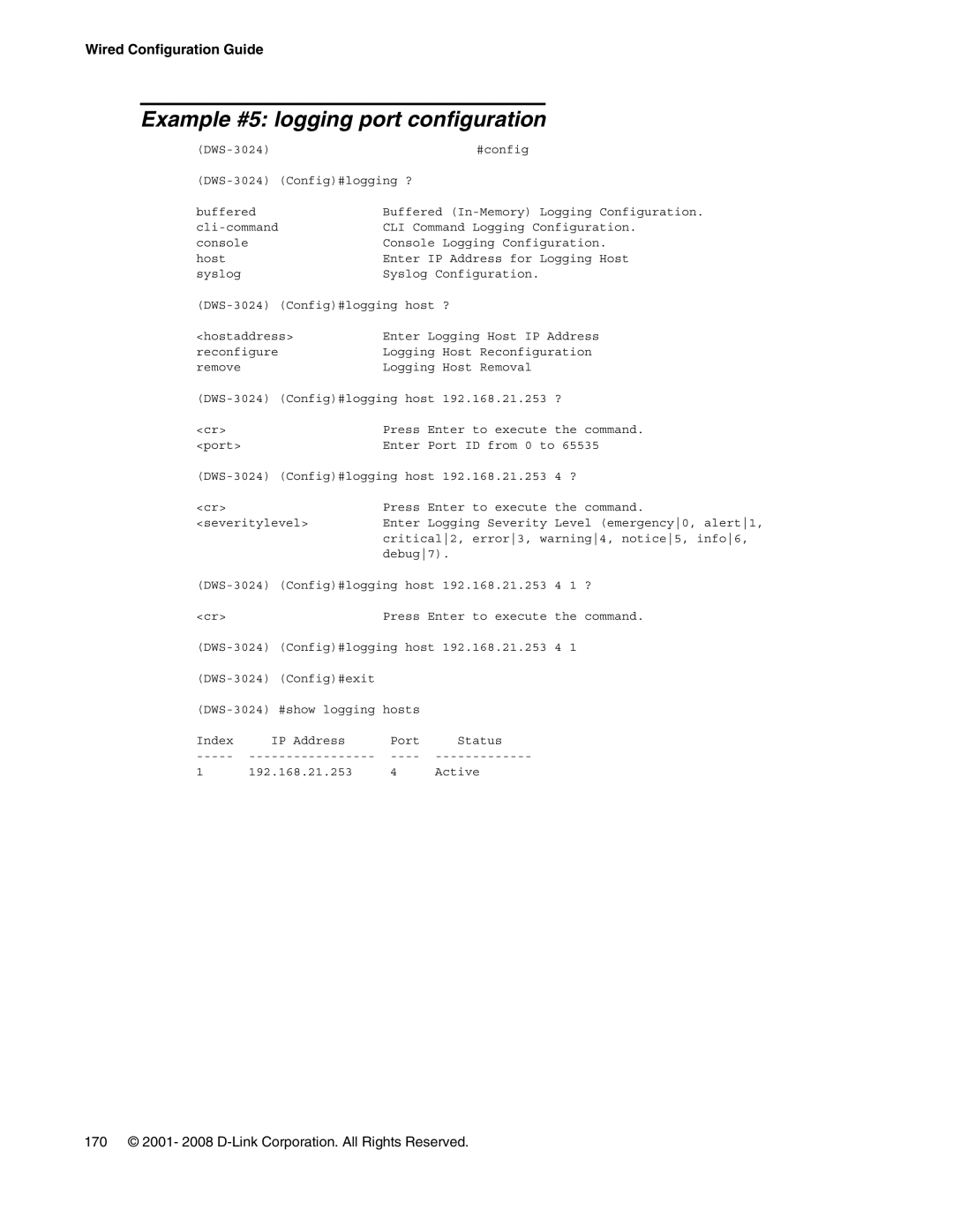 D-Link DWS-3000 manual Example #5 logging port configuration 