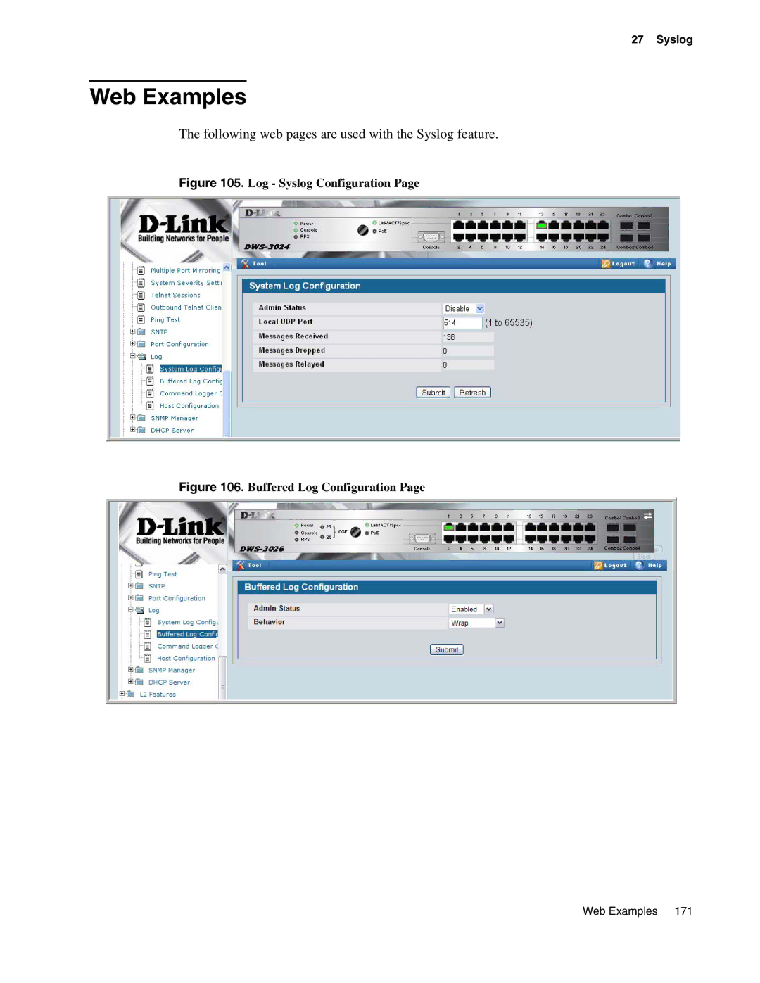 D-Link DWS-3000 manual Following web pages are used with the Syslog feature 