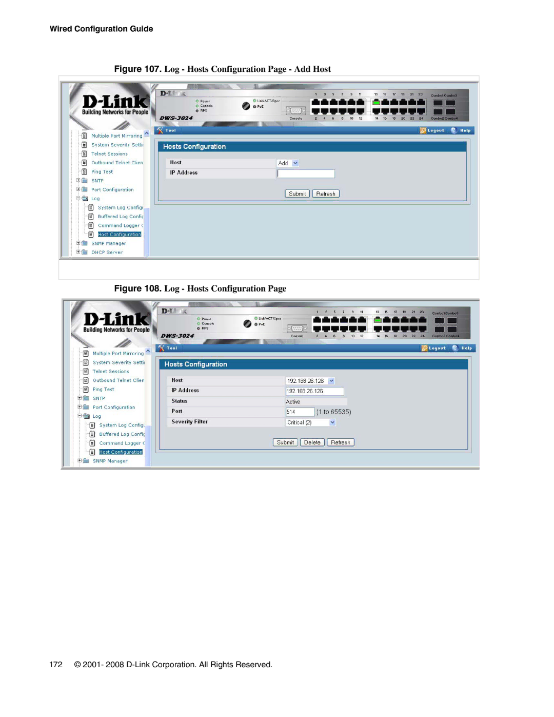 D-Link DWS-3000 manual Log Hosts Configuration Page Add Host 