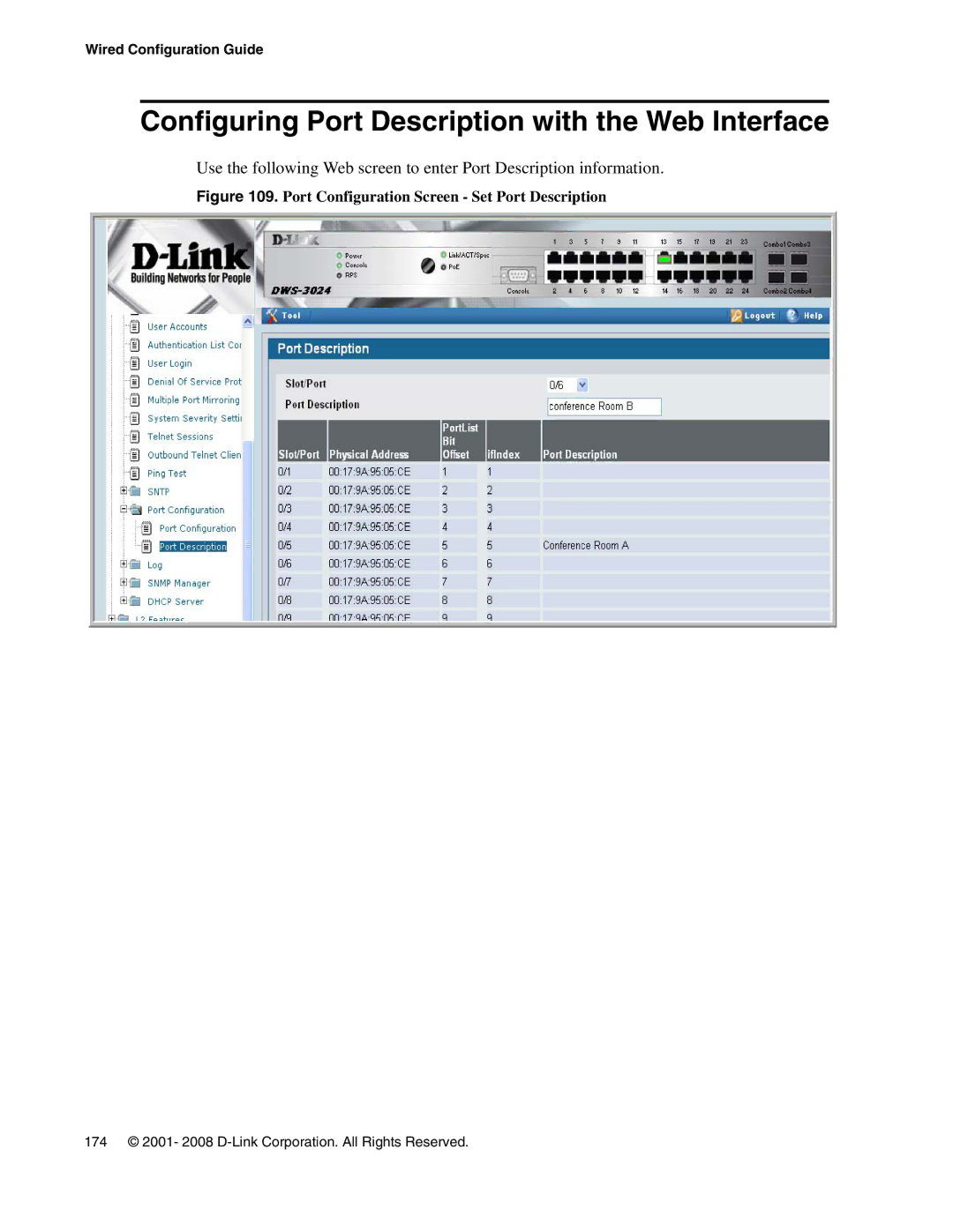 D-Link DWS-3000 manual Configuring Port Description with the Web Interface, Port Configuration Screen Set Port Description 