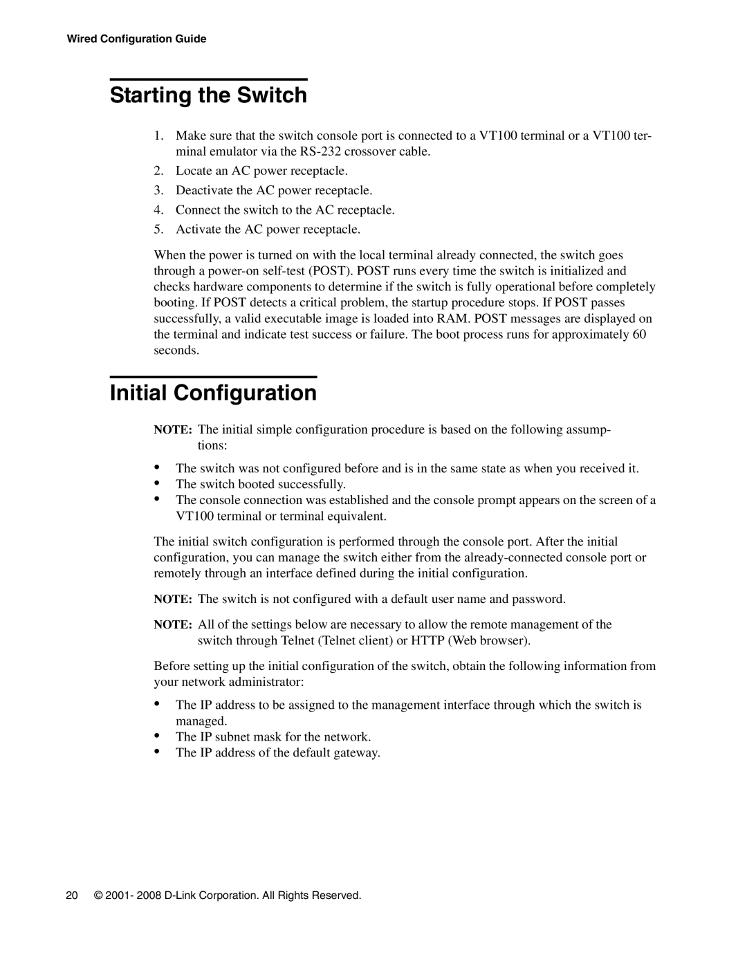 D-Link DWS-3000 manual Starting the Switch, Initial Configuration 