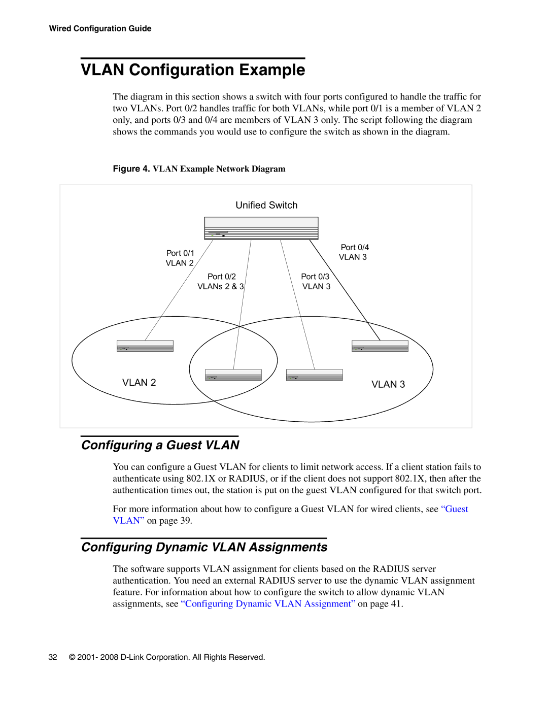 D-Link DWS-3000 manual Vlan Configuration Example, Configuring a Guest Vlan, Configuring Dynamic Vlan Assignments 