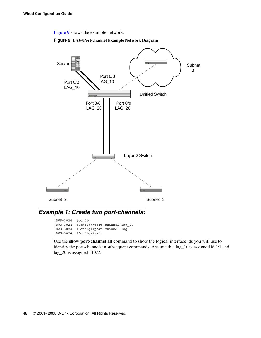 D-Link DWS-3000 manual Example 1 Create two port-channels, Shows the example network 