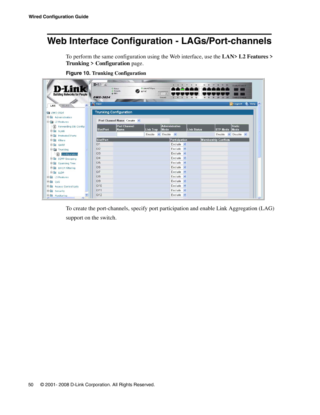 D-Link DWS-3000 manual Web Interface Configuration LAGs/Port-channels, Trunking Configuration 