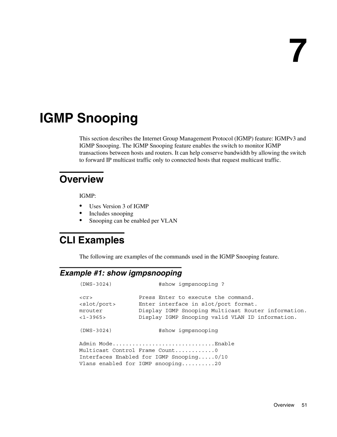 D-Link DWS-3000 manual Igmp Snooping, Overview, Example #1 show igmpsnooping 