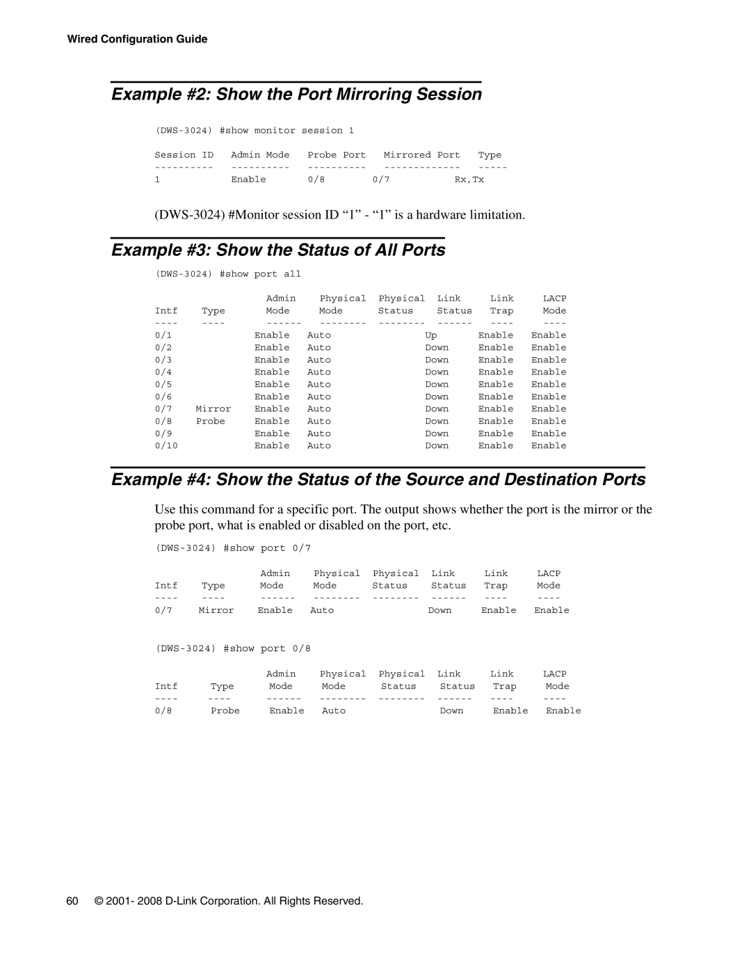 D-Link DWS-3000 manual Example #2 Show the Port Mirroring Session, Example #3 Show the Status of All Ports 