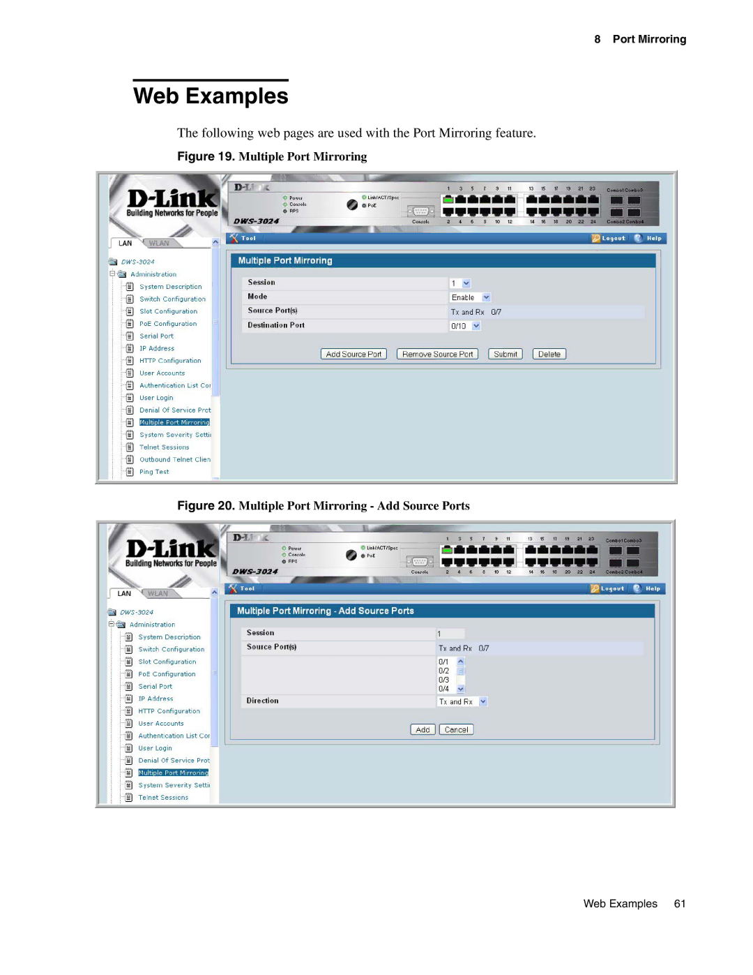 D-Link DWS-3000 manual Following web pages are used with the Port Mirroring feature 