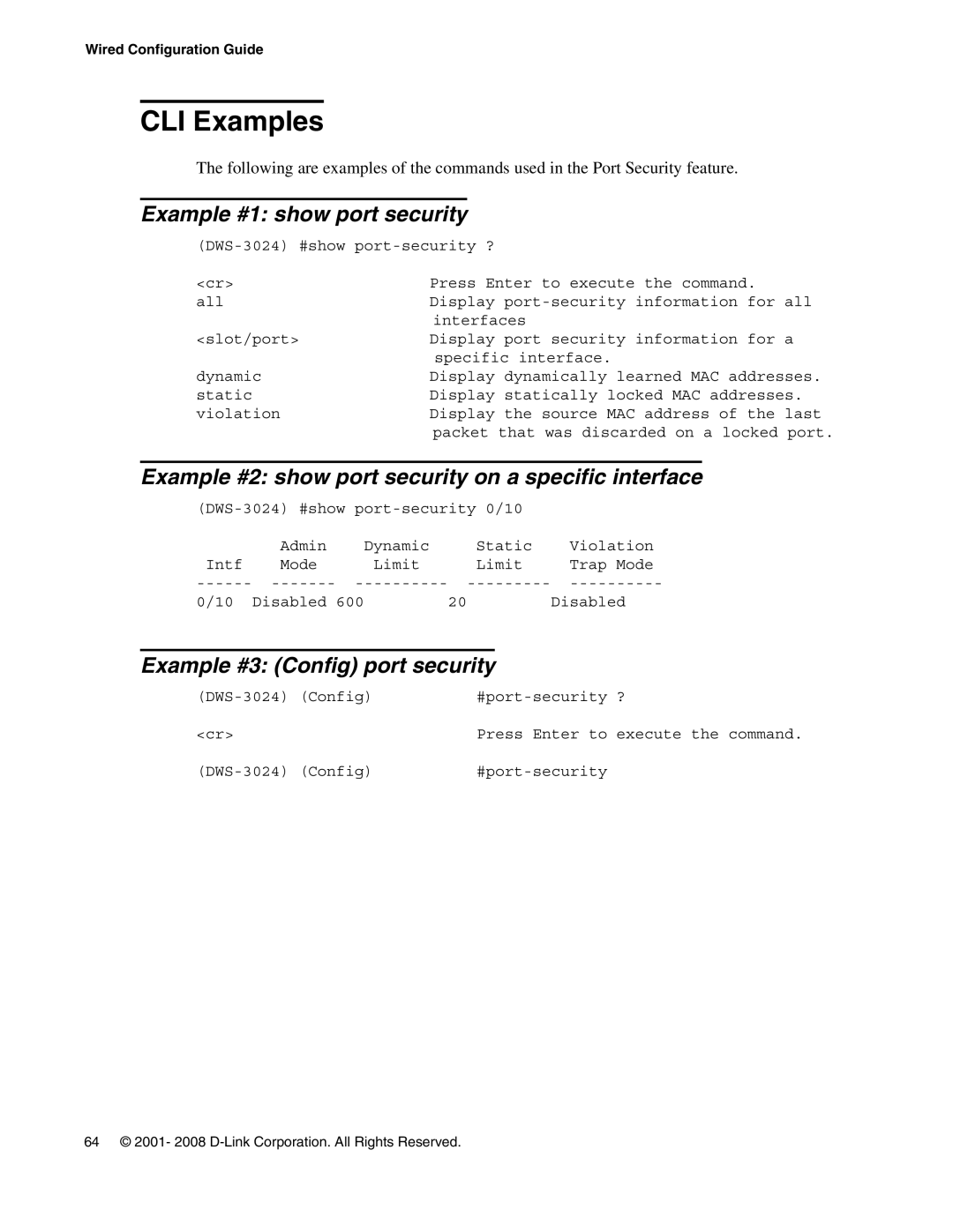 D-Link DWS-3000 manual Example #1 show port security, Example #2 show port security on a specific interface 