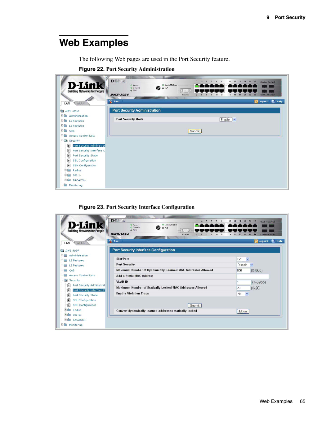 D-Link DWS-3000 manual Following Web pages are used in the Port Security feature 