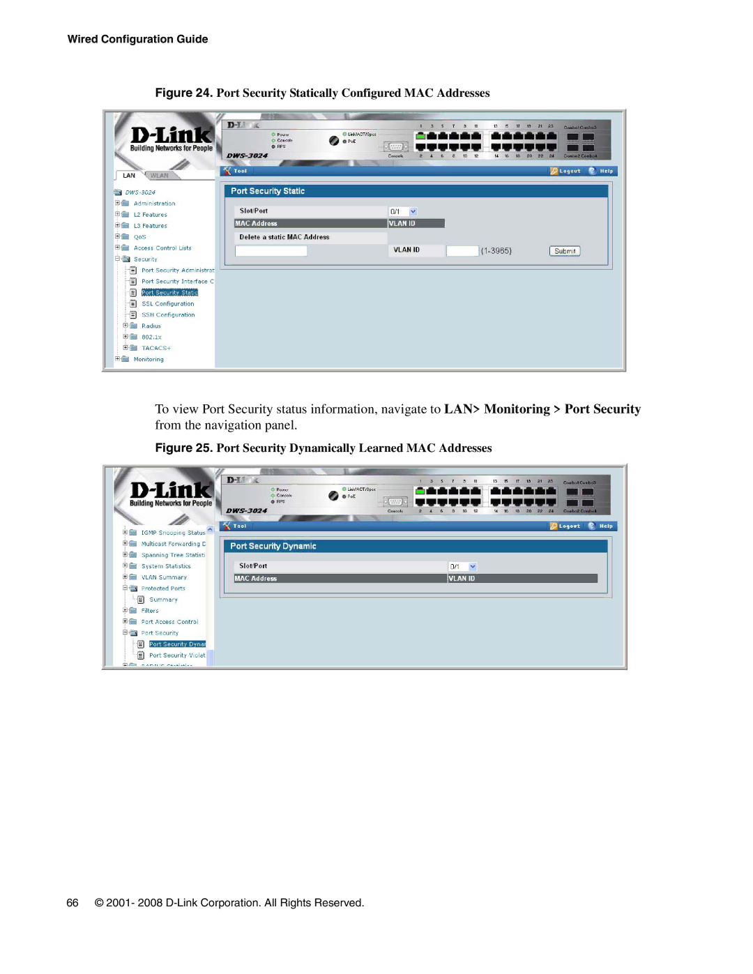 D-Link DWS-3000 manual Port Security Statically Configured MAC Addresses 