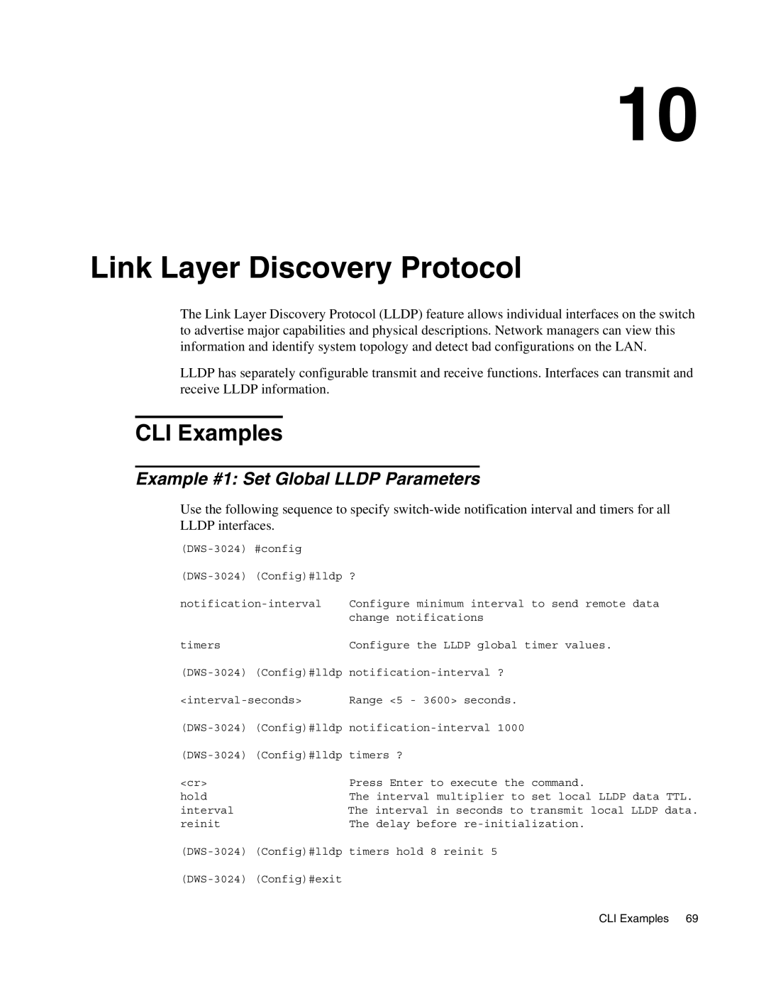 D-Link DWS-3000 manual Link Layer Discovery Protocol, Example #1 Set Global Lldp Parameters 