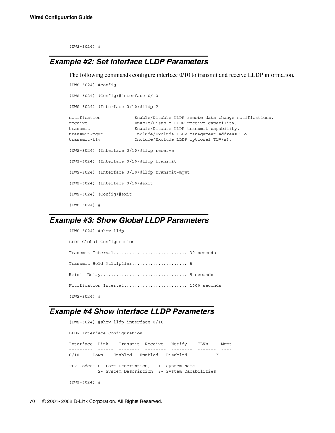 D-Link DWS-3000 manual Example #2 Set Interface Lldp Parameters, Example #3 Show Global Lldp Parameters 