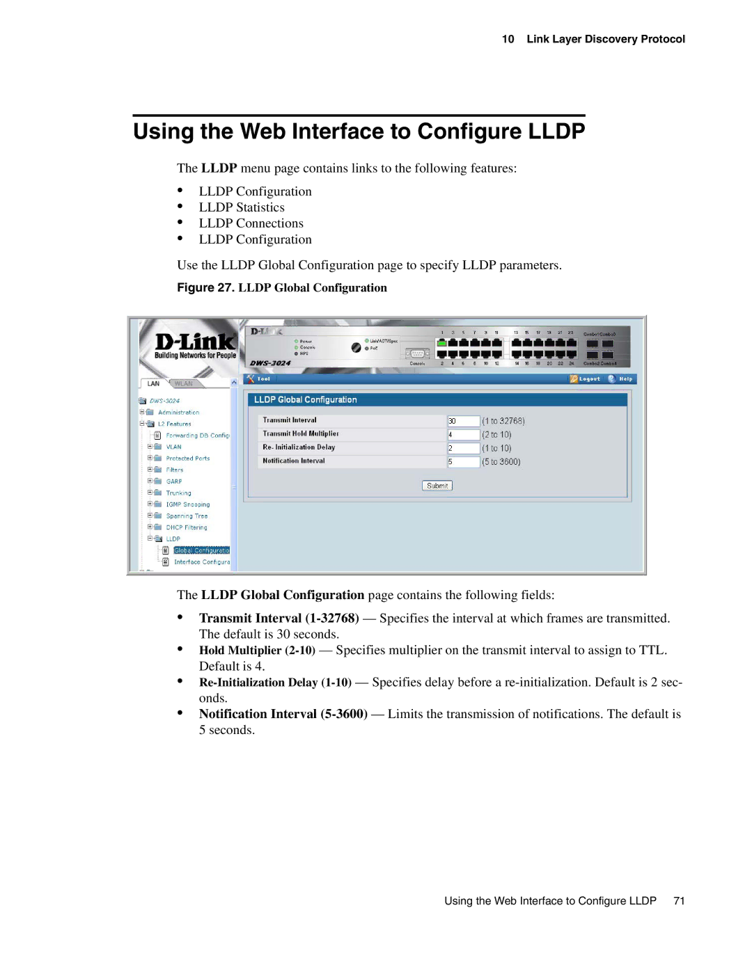 D-Link DWS-3000 manual Using the Web Interface to Configure Lldp, Lldp Global Configuration 