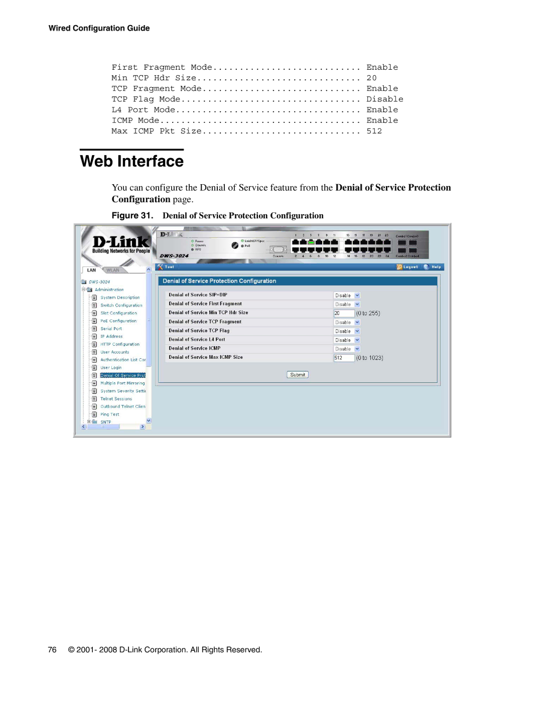 D-Link DWS-3000 manual Denial of Service Protection Configuration 