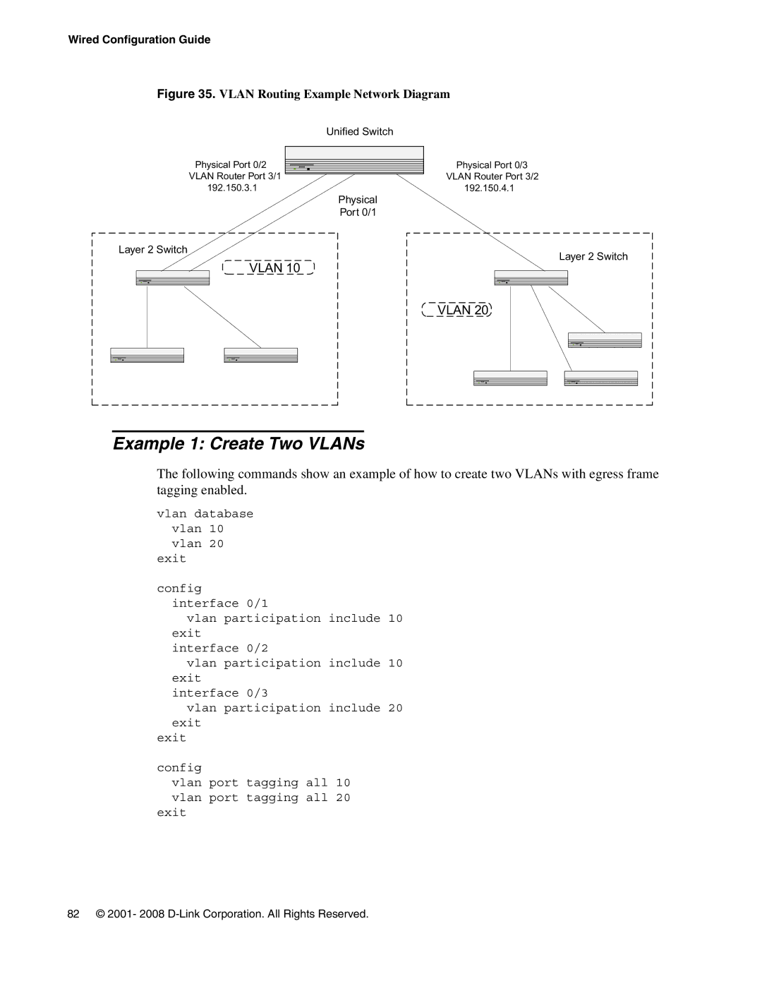 D-Link DWS-3000 manual Example 1 Create Two VLANs, Vlan Routing Example Network Diagram 