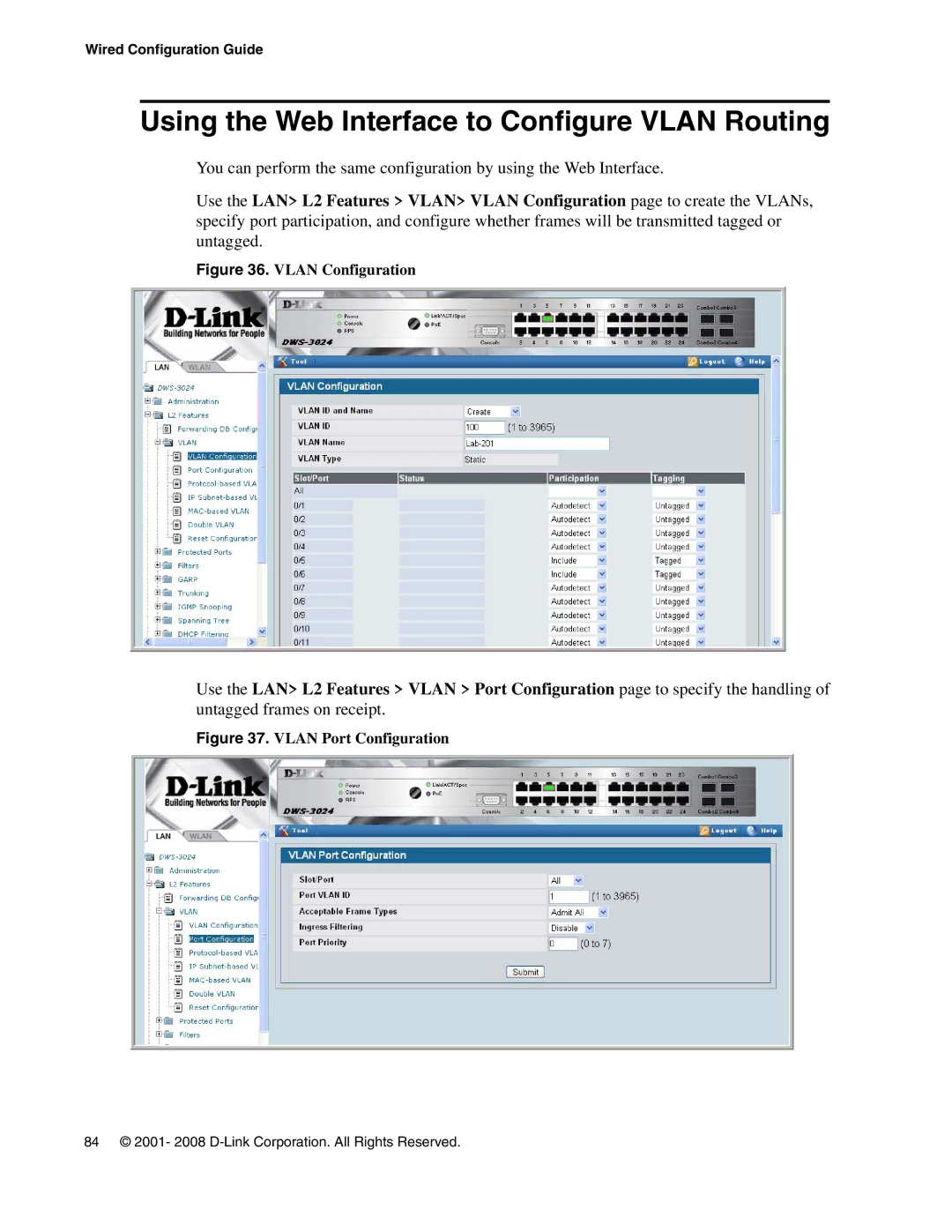 D-Link DWS-3000 manual Using the Web Interface to Configure Vlan Routing, Vlan Configuration 