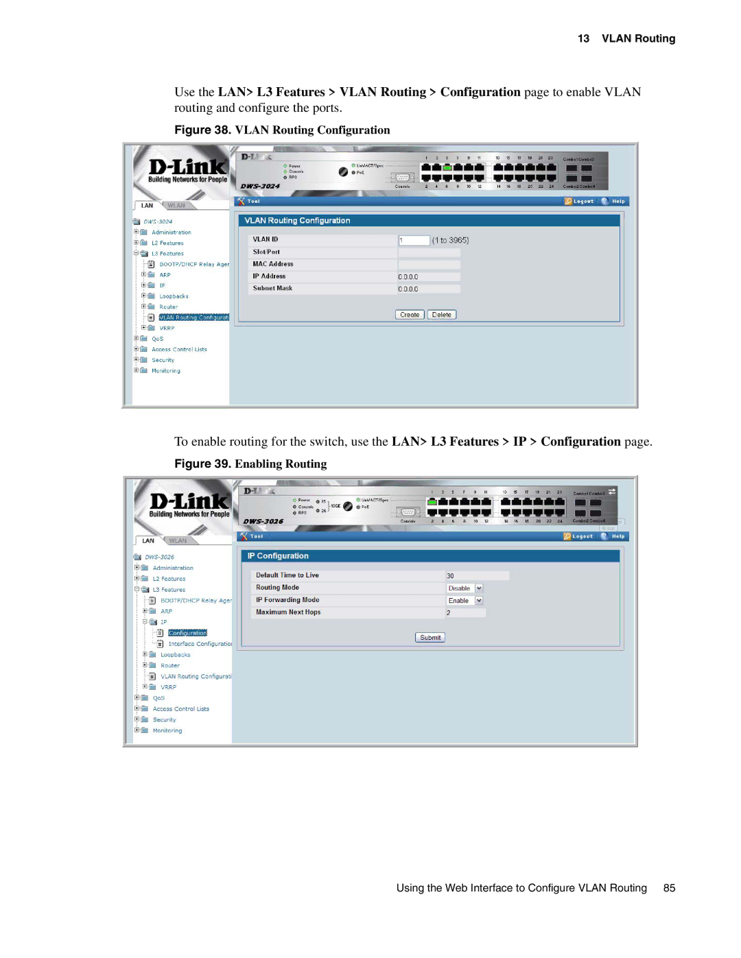 D-Link DWS-3000 manual Vlan Routing Configuration 