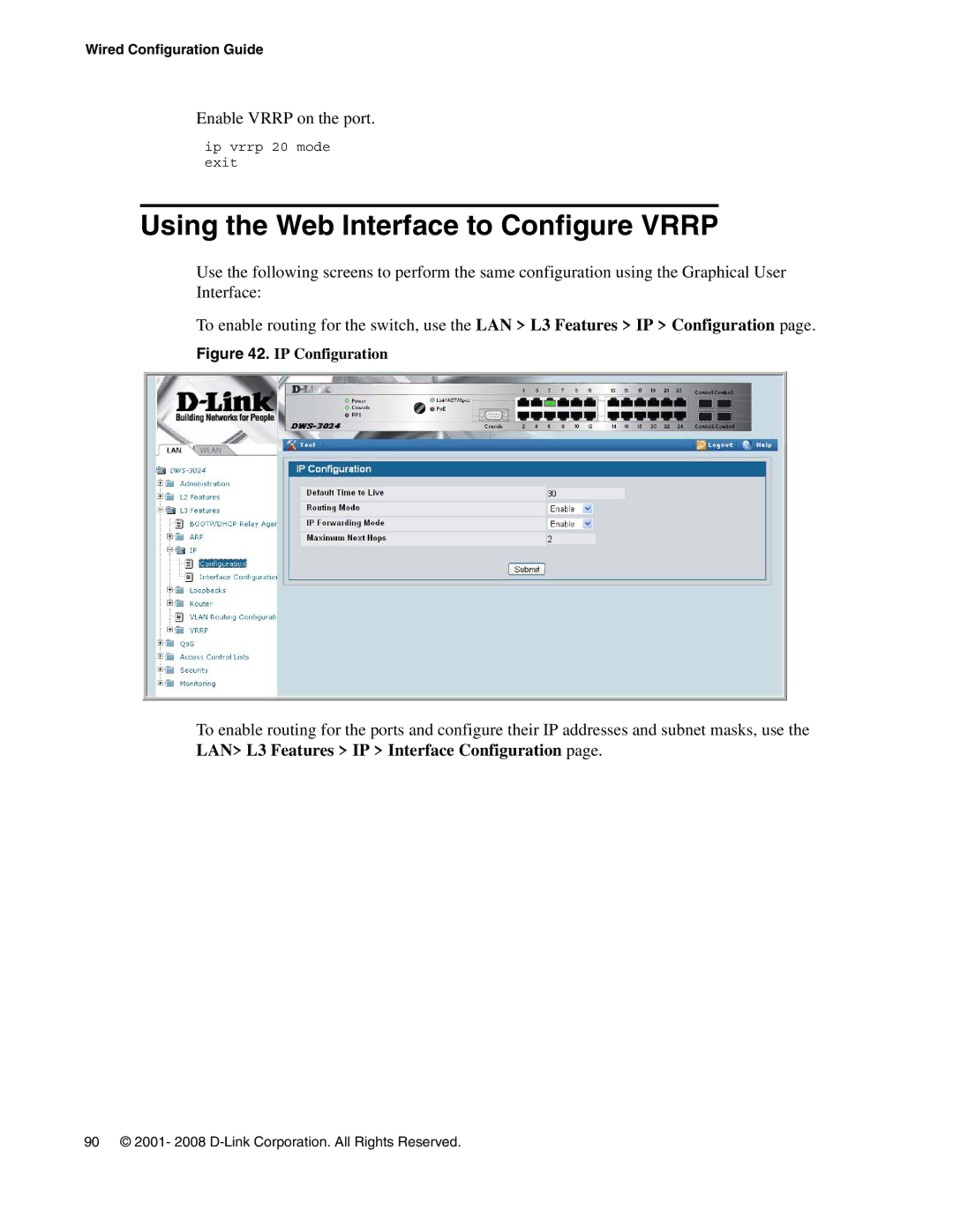 D-Link DWS-3000 manual Using the Web Interface to Configure Vrrp, IP Configuration 