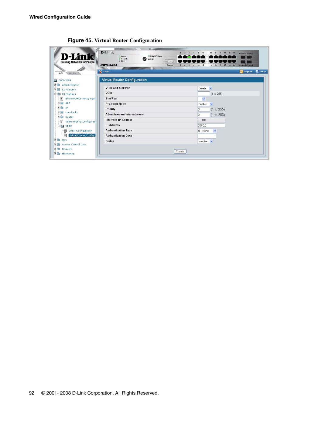 D-Link DWS-3000 manual Virtual Router Configuration 