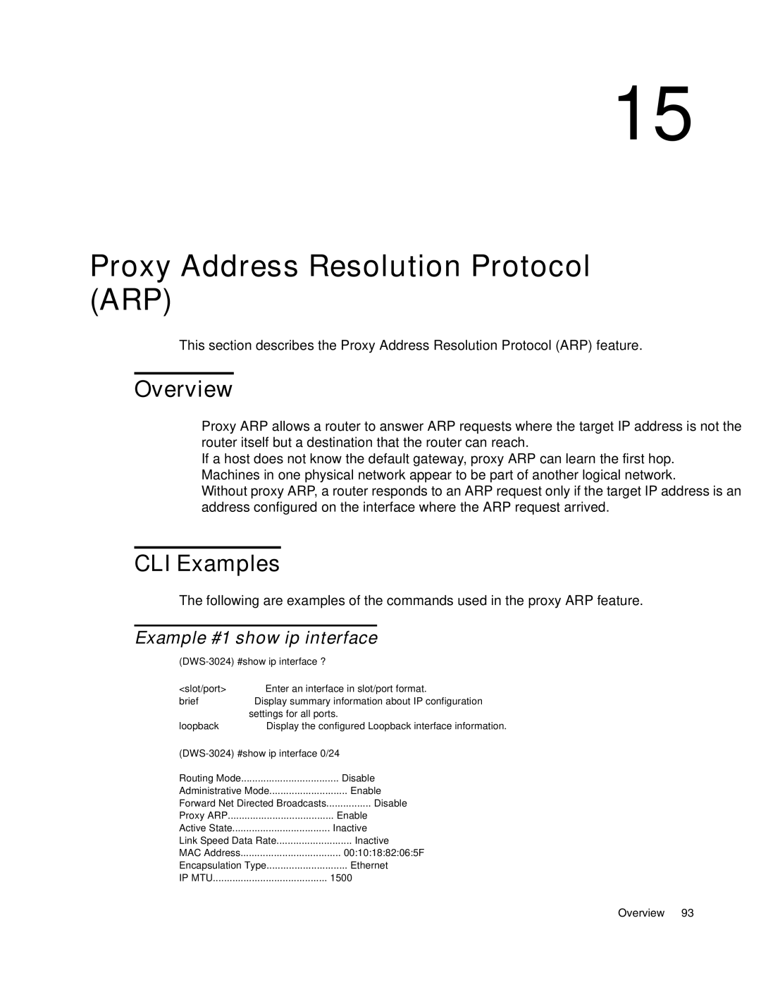 D-Link DWS-3000 manual Proxy Address Resolution Protocol ARP, Example #1 show ip interface 