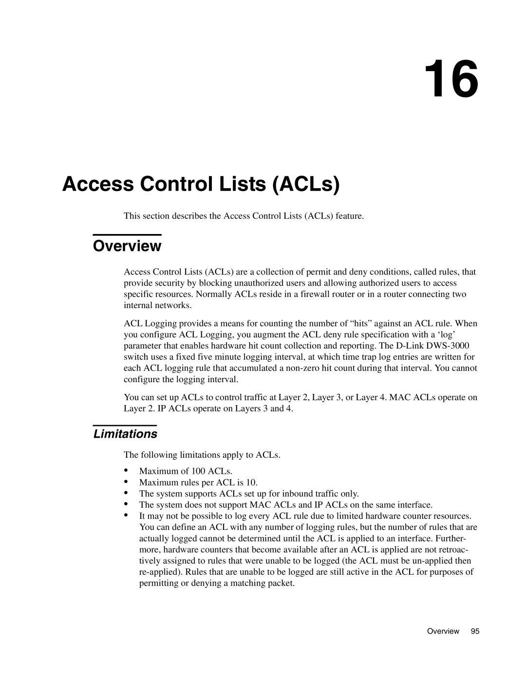 D-Link DWS-3000 manual Access Control Lists ACLs, Limitations 