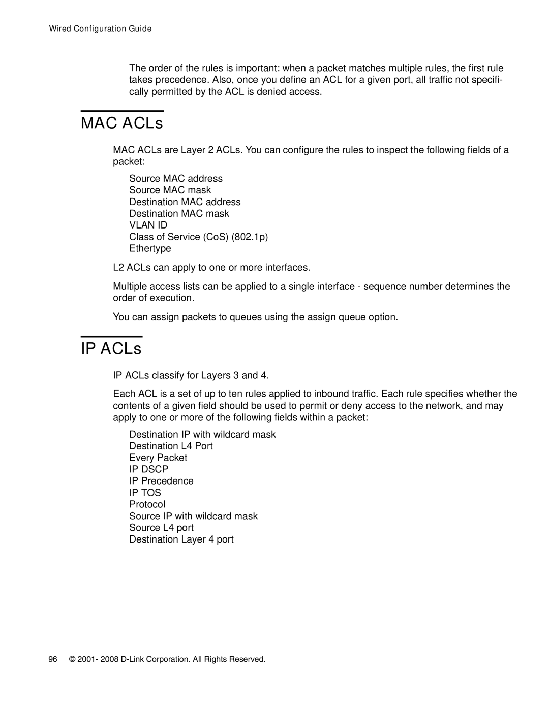 D-Link DWS-3000 manual MAC ACLs, IP ACLs 